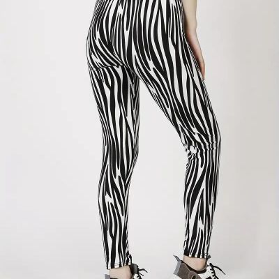 Fashion Women Black White Striped Printed Leggings Sports High Waist Elastic